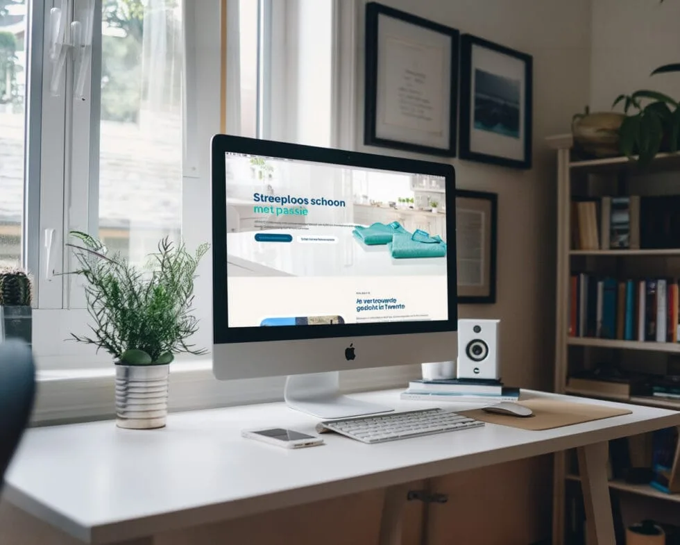 De website van Perfect Schoon op een iMac bij een raam met een plant.